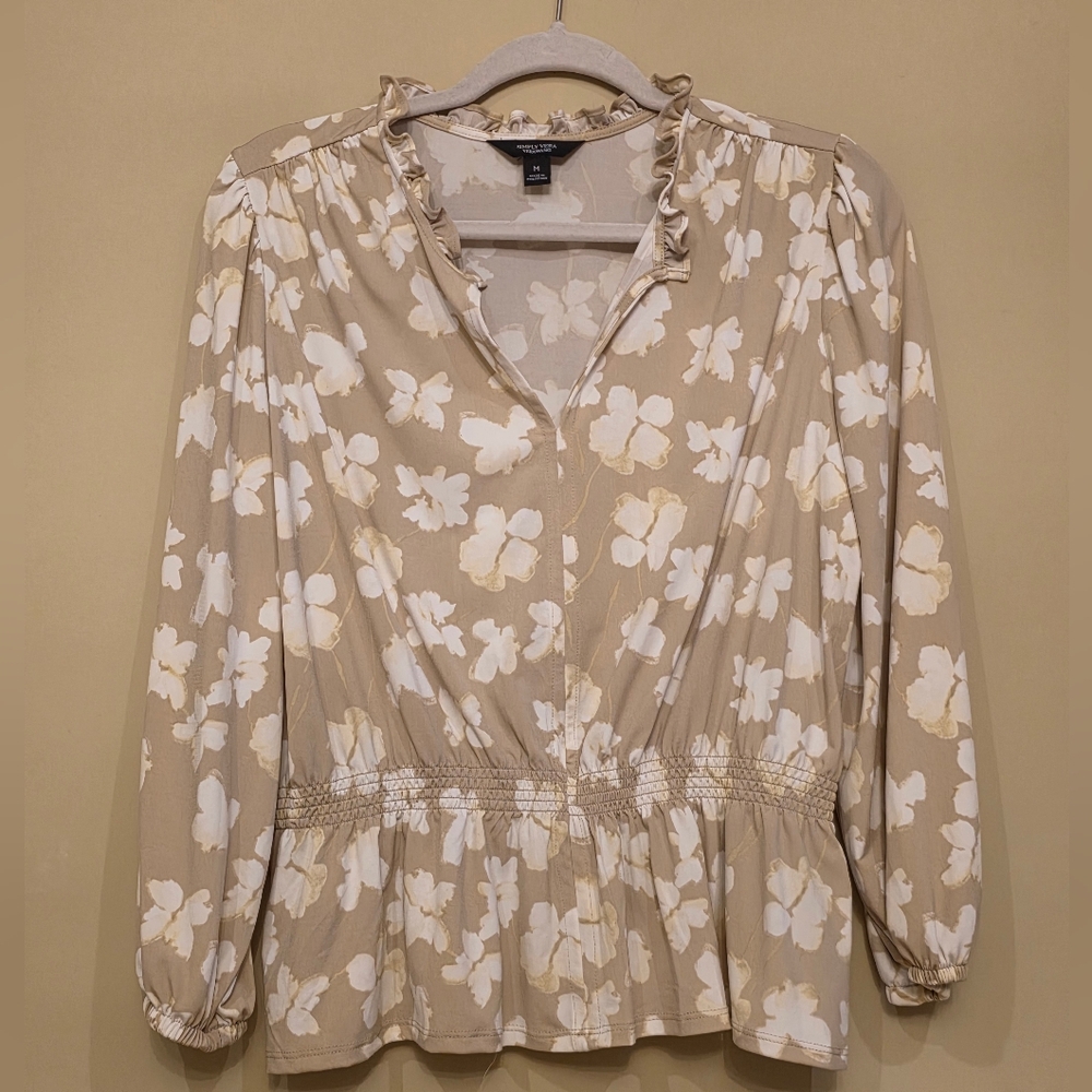 Simply Vera Vera Wang Floral Beige Blouse Size Medium